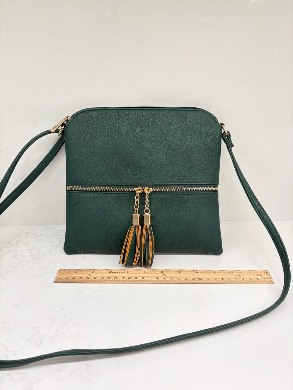Green Leather Crossbody Bag with Tassel Accent